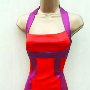 Karen Millen Satin Red Colour Block Halterneck